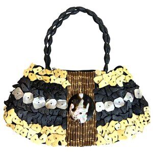 Handmade Woven Bag Black Beige Iridescent Shells Wood Boho Beach Casual Purse